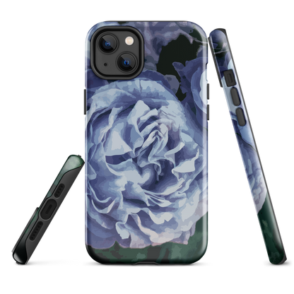 Designer phone case with a bold blue rose artwork and glossy finish.