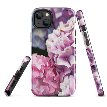 Designer phone case with pink and purple hydrangea floral artwork.