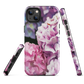 Designer phone case with pink and purple hydrangea floral artwork.