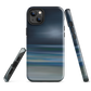 Dark abstract phone case with blue and grey streaks and glossy finish.