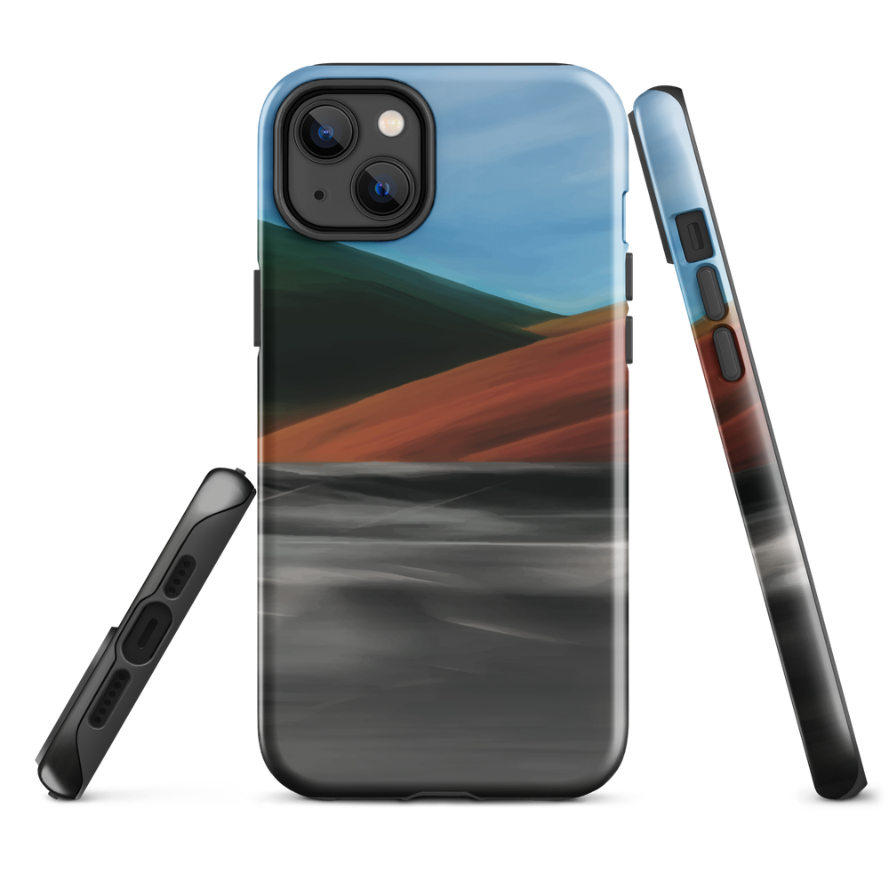 Phone case with abstract red, green, and blue heat wave landscape design.