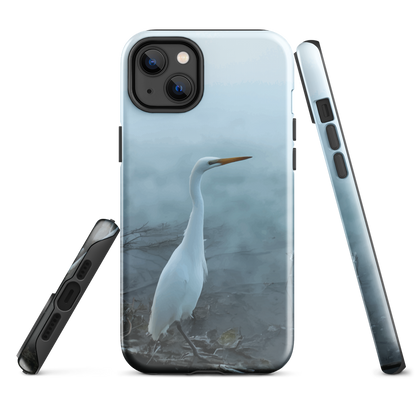 Phone case with a white heron standing in a misty wetland scene.
