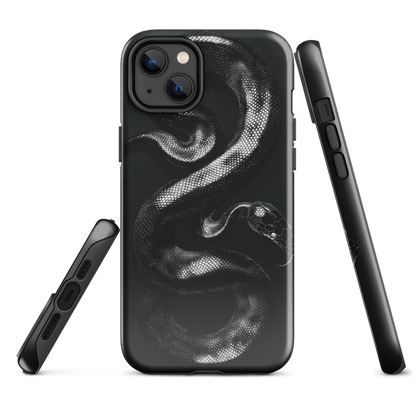Phone case with detailed black python design on dark background.