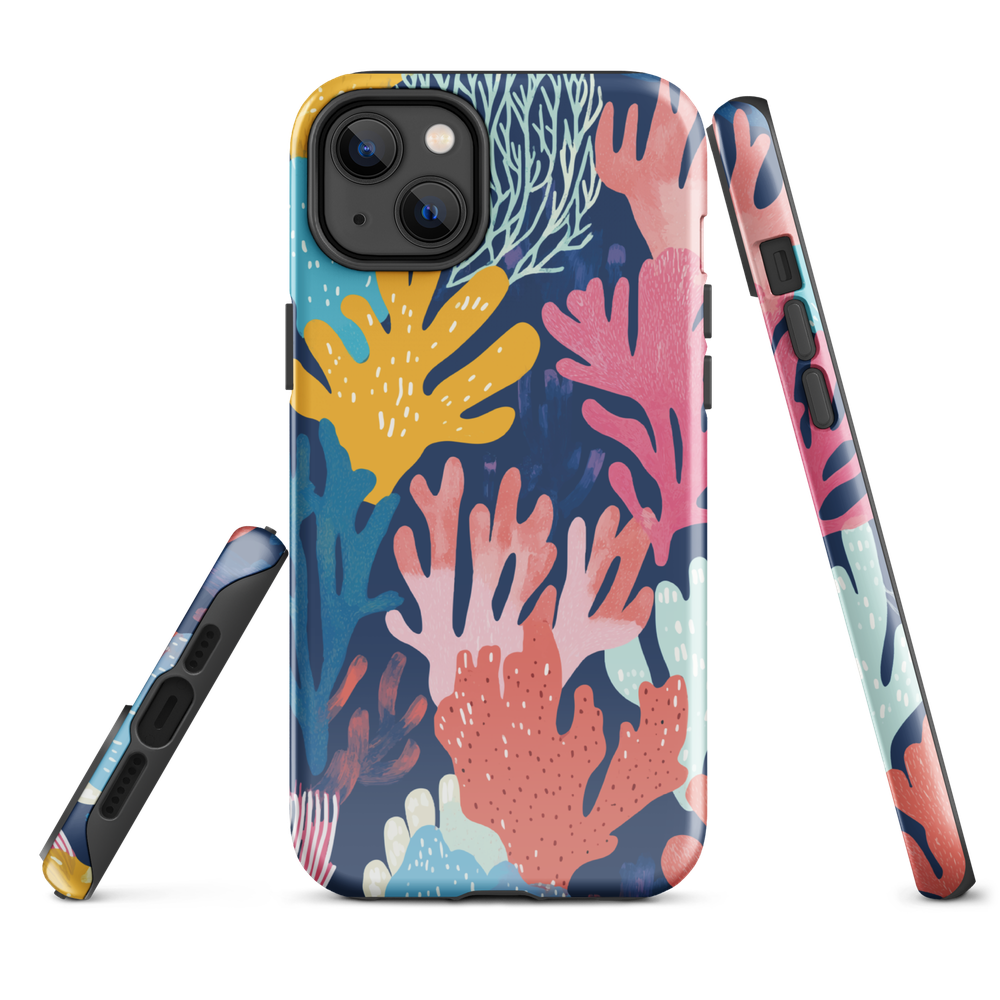 Colourful coral reef phone case design in pink, blue and yellow by NZ artist Ben Hart
