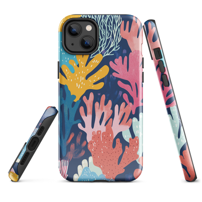 Colourful coral reef phone case design in pink, blue and yellow by NZ artist Ben Hart