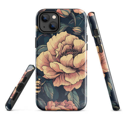 Phone case with vintage-style pink roses and bees on dark background, floral New Zealand artwork.