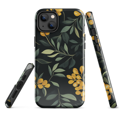 NZ Kowhai phone case with native yellow floral and green leaves on black background by designer Ben Hart.