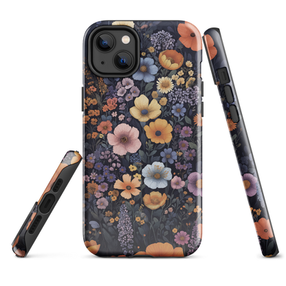 Phone case with colourful wildflowers on dark background, floral art design