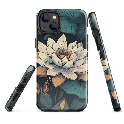 Phone case with ivory water lily, green leaves, and butterfly accents on dark background