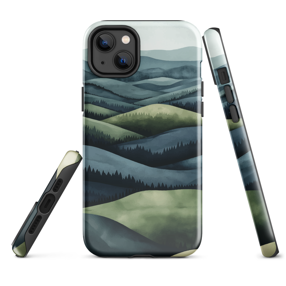 Phone case with layered mountain and forest landscape in blue and green hues