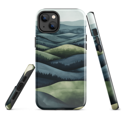 Phone case with layered mountain and forest landscape in blue and green hues