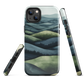 Phone case with layered mountain and forest landscape in blue and green hues