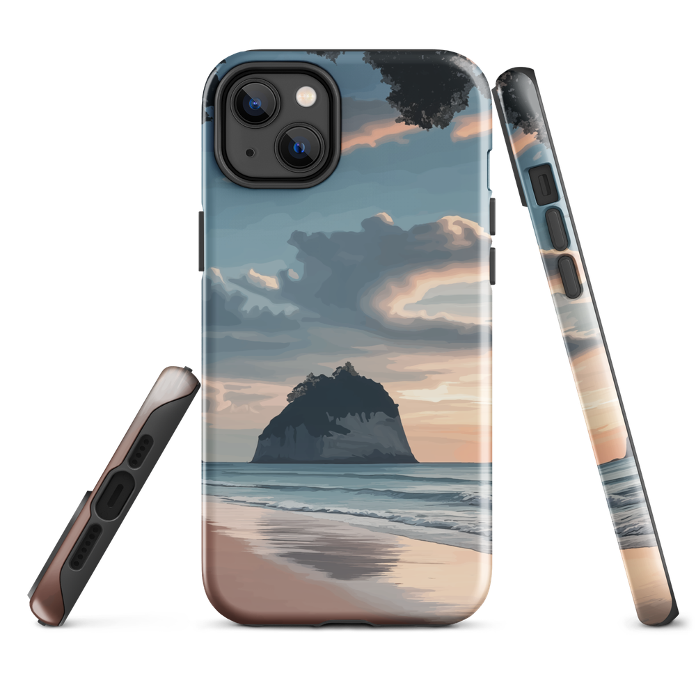 Phone case with Cathedral Cove beach and sunset scene, featuring soft skies and sea stack