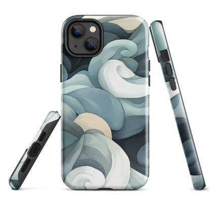 Phone case with abstract swirling ocean waves in blue and cream