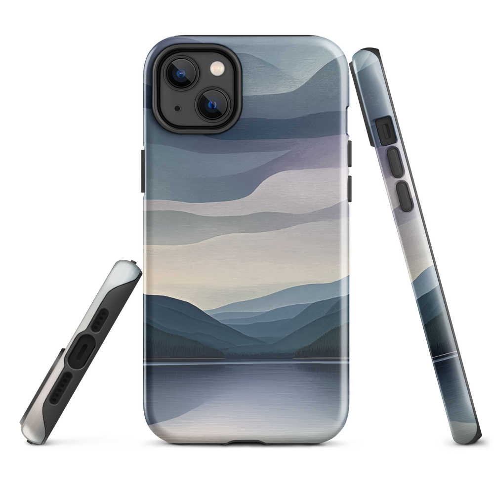Phone case with moody blue and purple layered mountain and lake landscape artwork