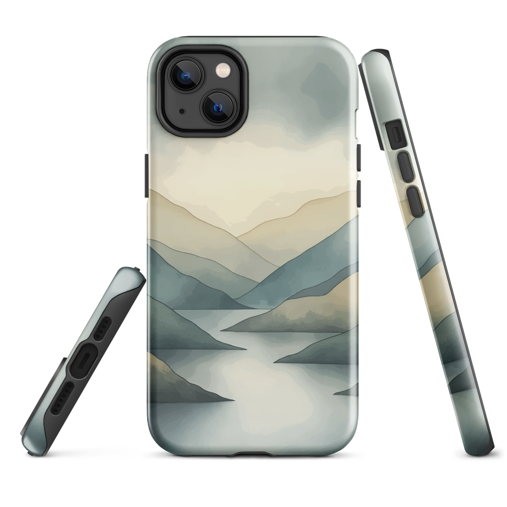 Phone case with soft mountain and valley design in misty green, blue, and golden tones