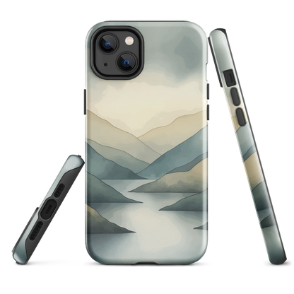 Phone case with soft mountain and valley design in misty green, blue, and golden tones