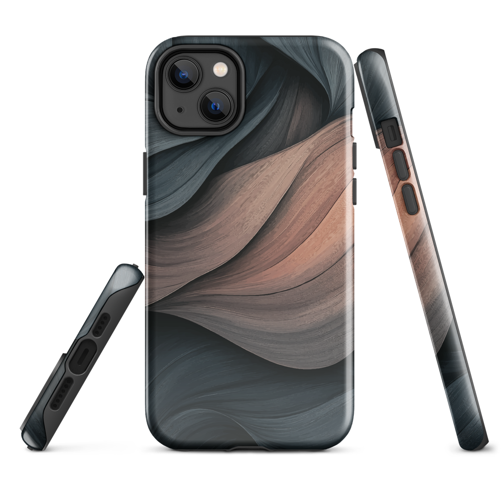 Phone case with flowing abstract design in black, copper and charcoal tones, inspired by dusk shadows