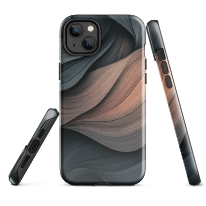 Phone case with flowing abstract design in black, copper and charcoal tones, inspired by dusk shadows