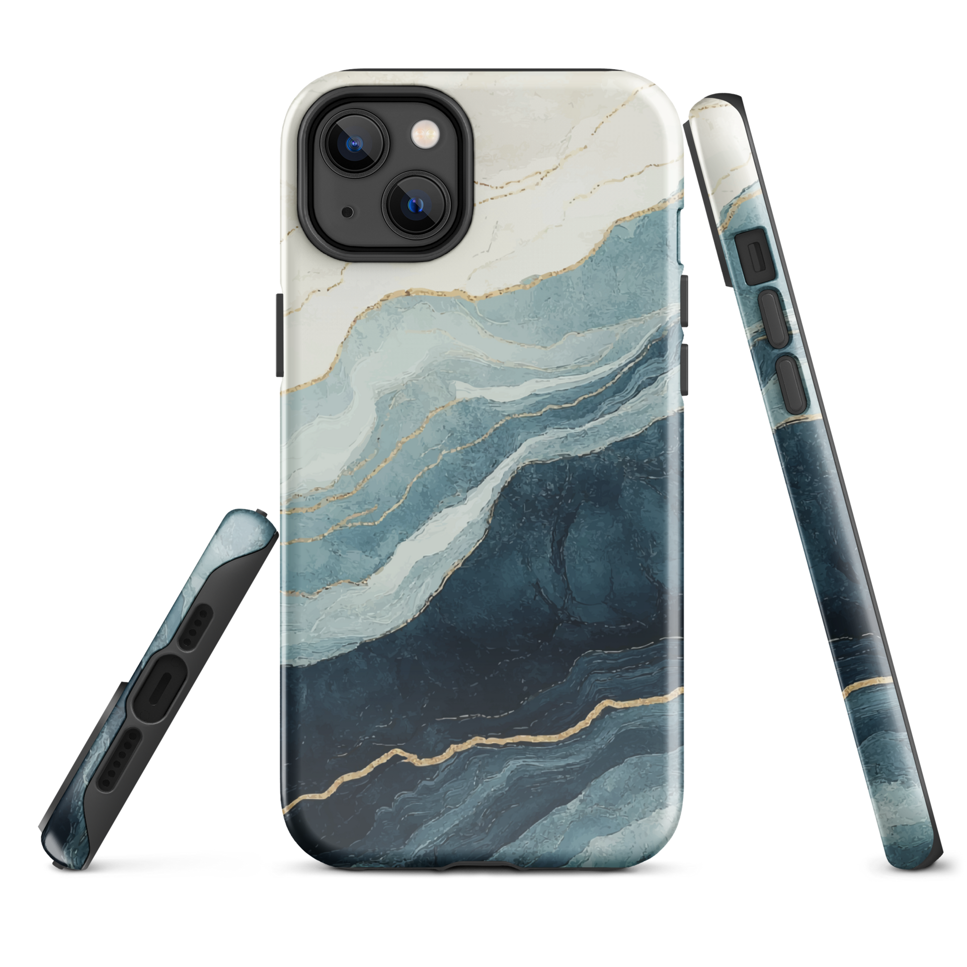 An elegant abstract phone case inspired by layered coastal forms in blue and teal tones.