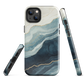 An elegant abstract phone case inspired by layered coastal forms in blue and teal tones.