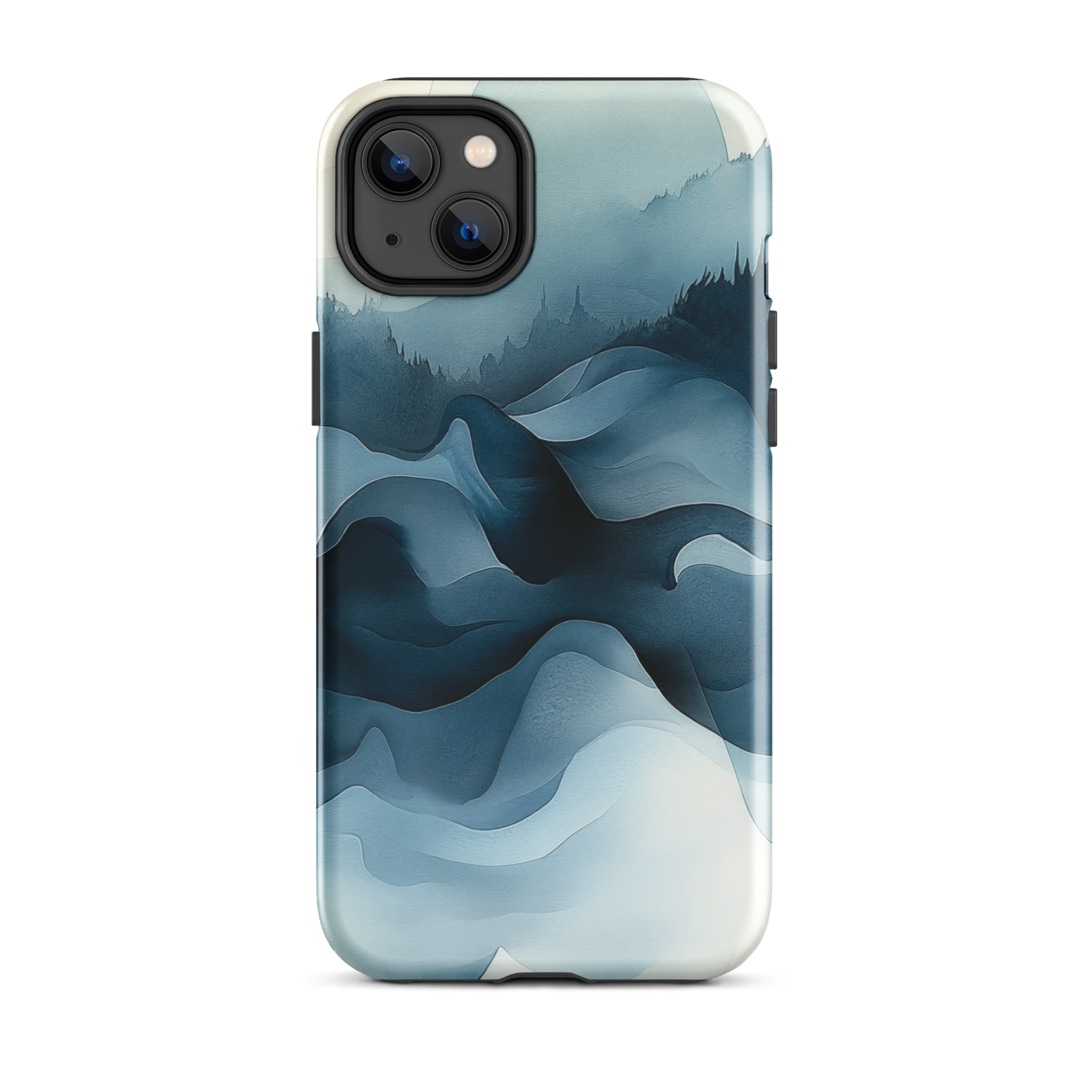 A calming abstract landscape protective phone case inspired by quiet valleys and soft blue tones.