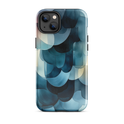 A modern abstract phone case featuring layered blue forms and soft flowing shapes.