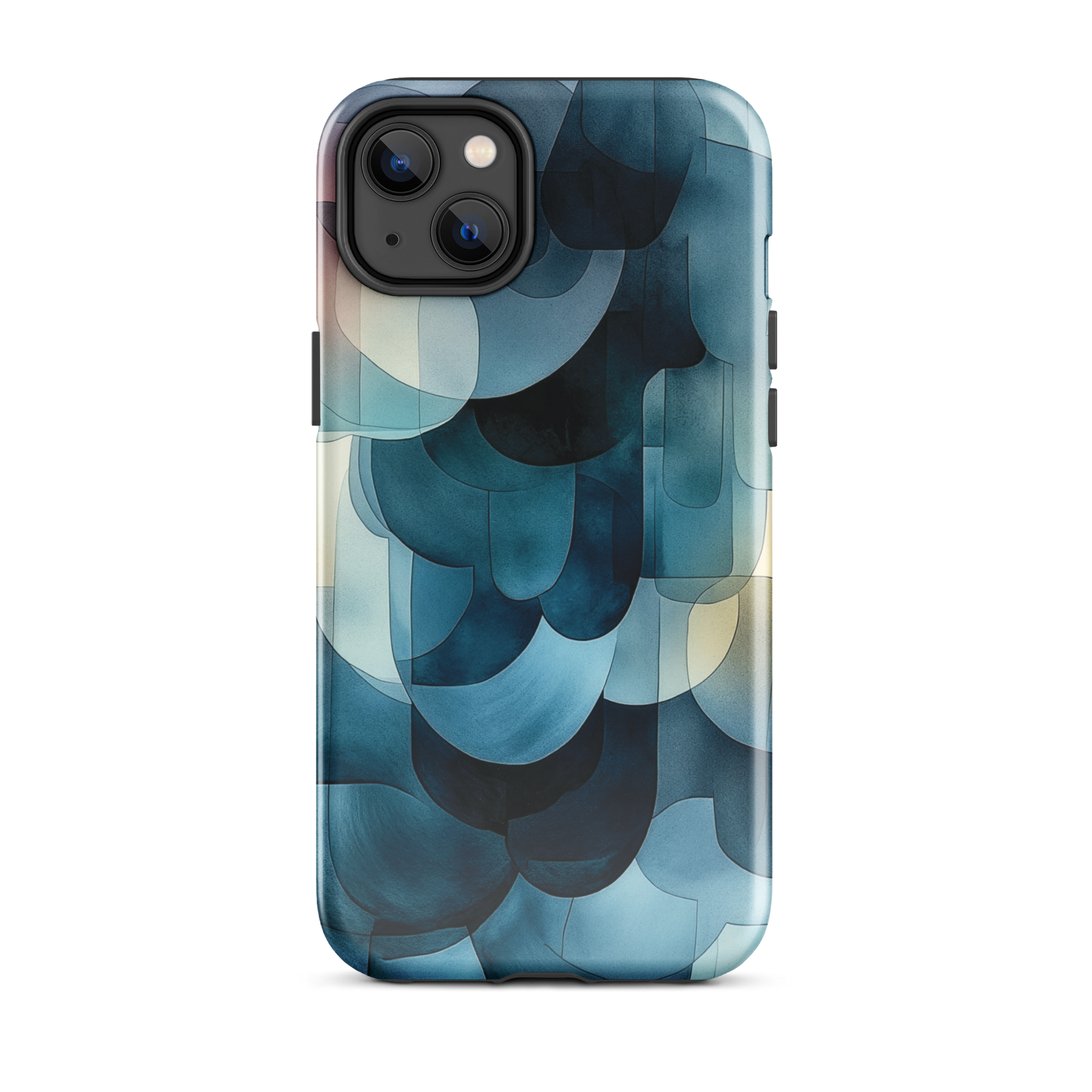 A modern abstract phone case featuring layered blue forms and soft flowing shapes.