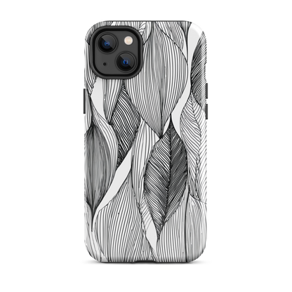 A minimalist phone case featuring fine black botanical linework in a repeating leaf pattern.