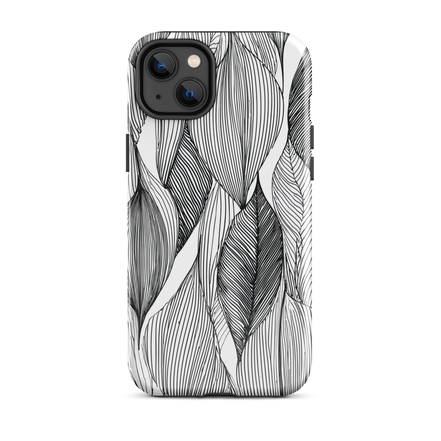 A minimalist phone case featuring fine black botanical linework in a repeating leaf pattern.