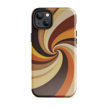 A retro-inspired phone case featuring warm swirling patterns in orange, yellow, and brown tones.