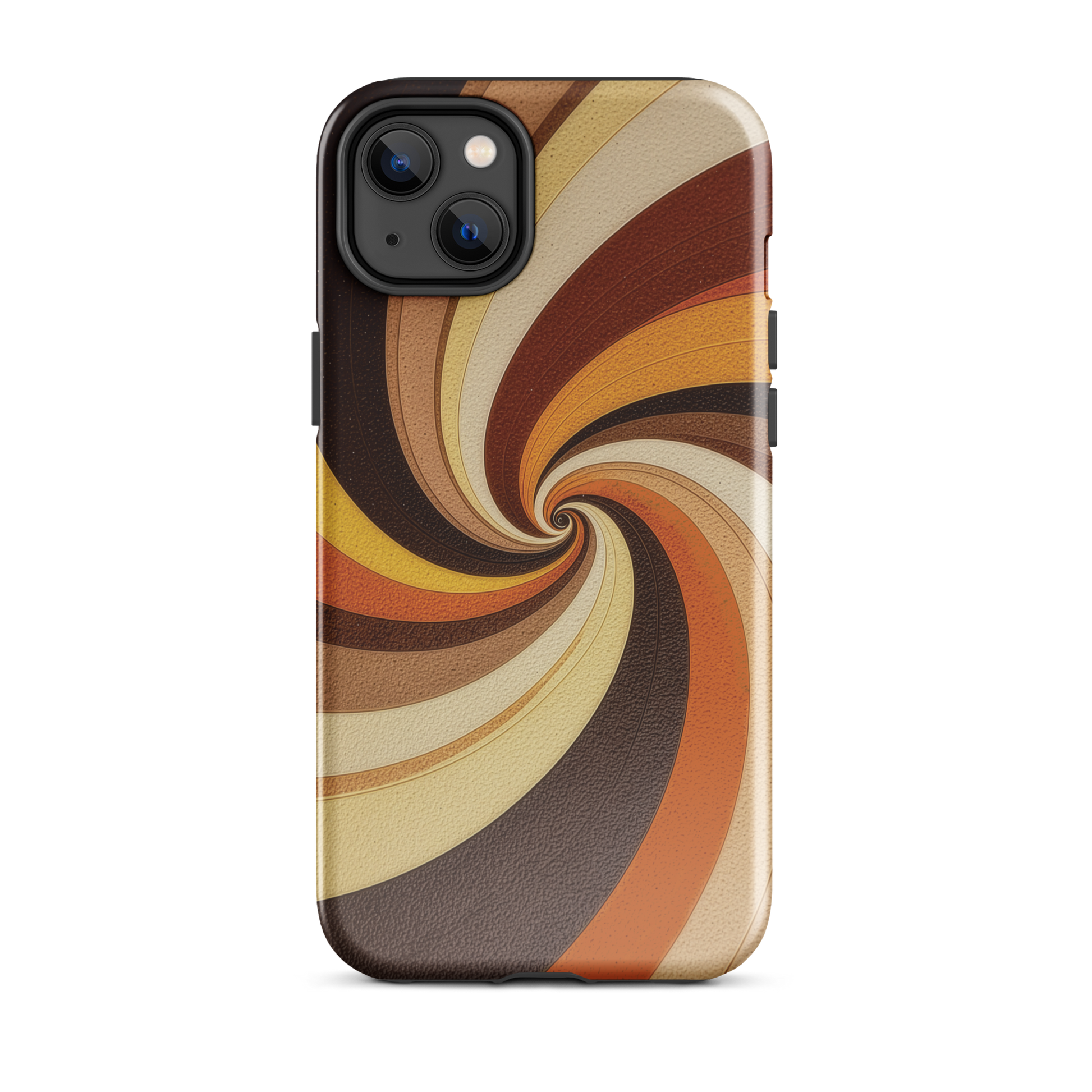 A retro-inspired phone case featuring warm swirling patterns in orange, yellow, and brown tones.