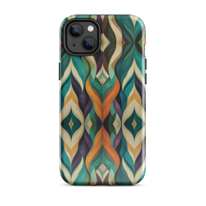A bold geometric phone case featuring layered shapes in rich, earthy tones.