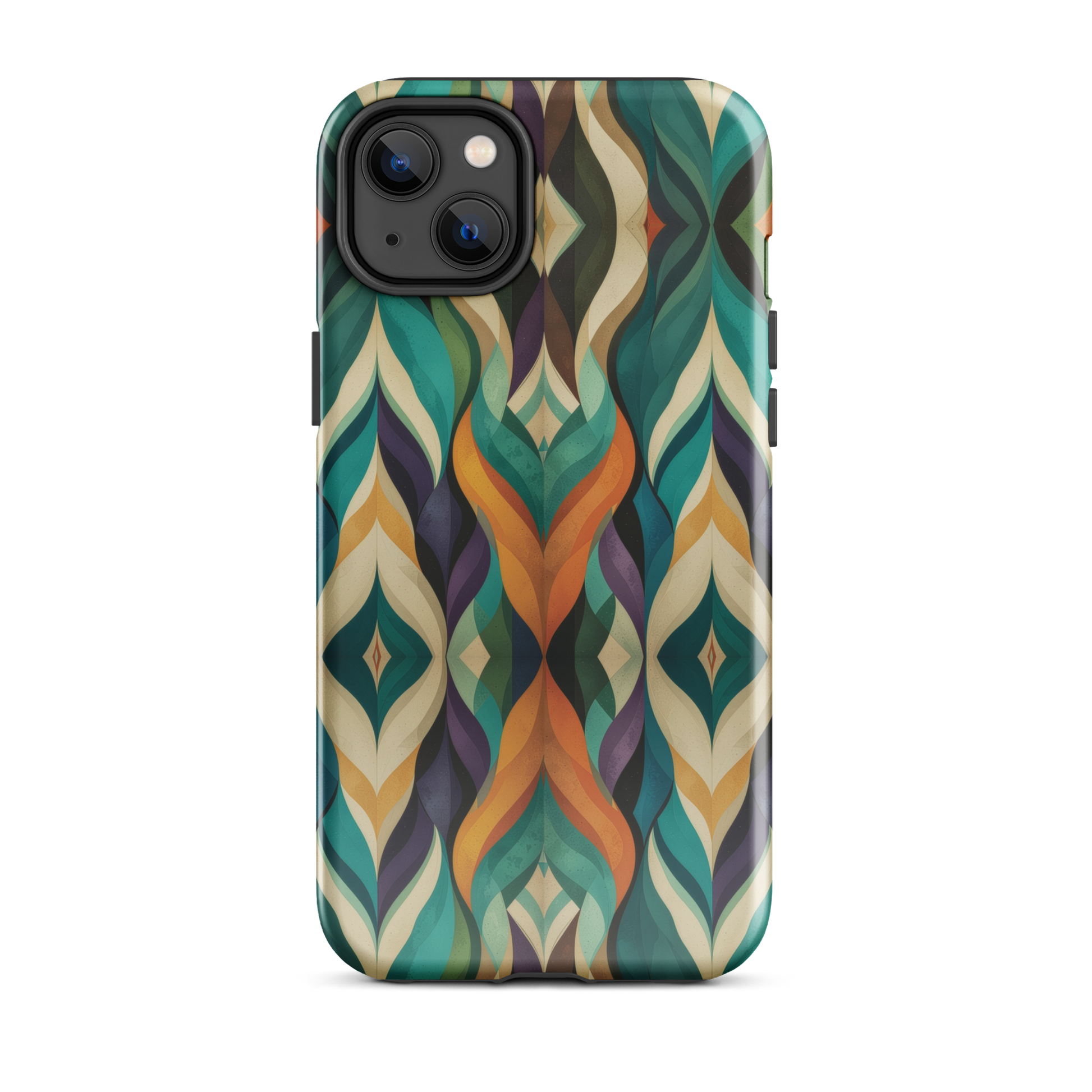 A bold geometric phone case featuring layered shapes in rich, earthy tones.