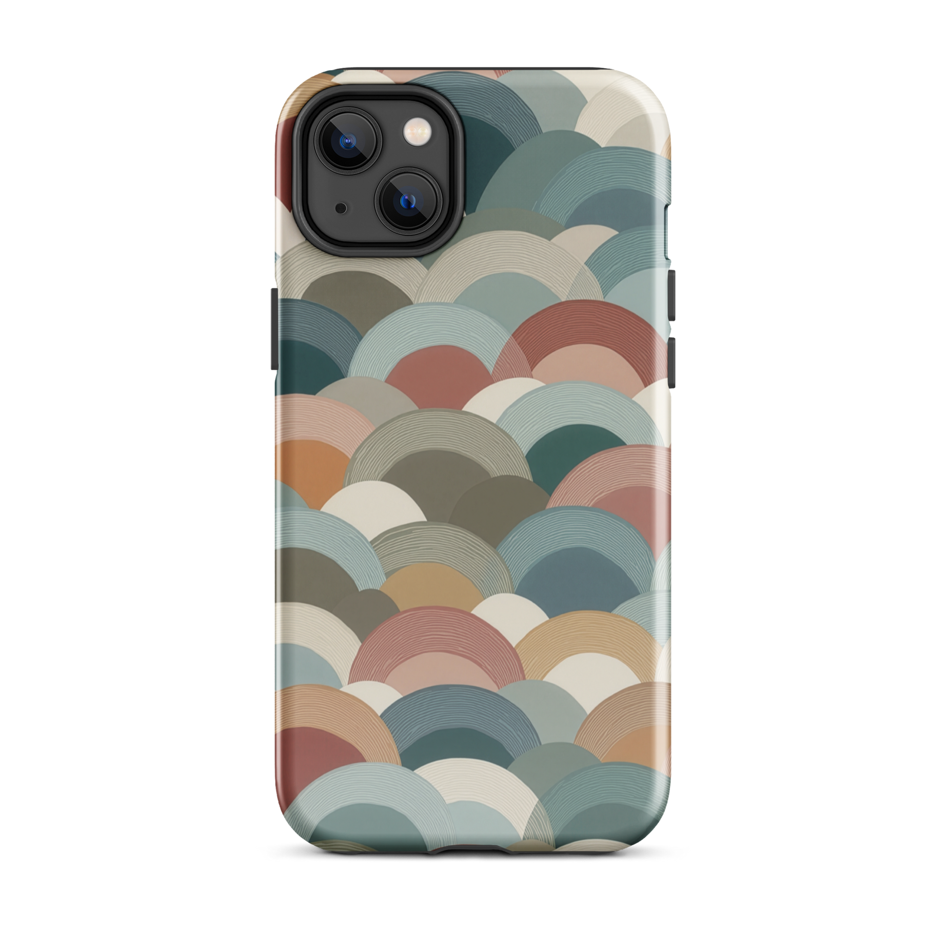A soft retro-inspired phone case featuring layered arc shapes in warm, earthy tones.