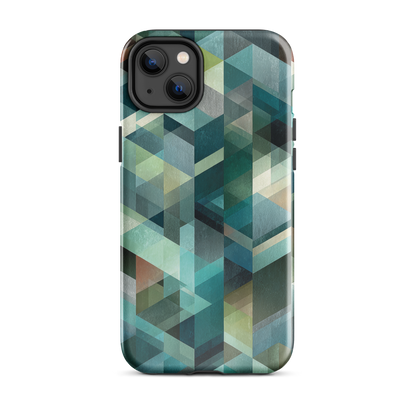Modern abstract geometric phone case in teal and blue tones with layered retro-inspired shapes.