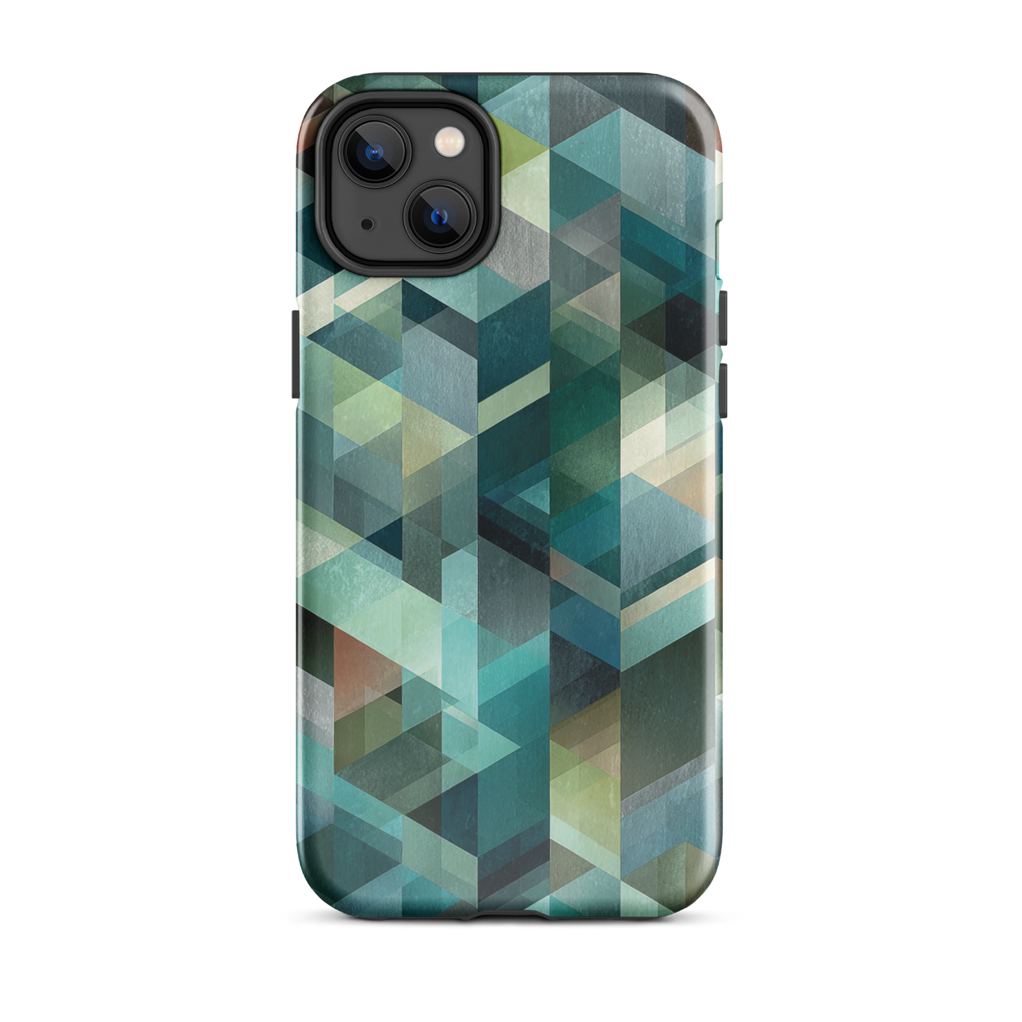 Modern abstract geometric phone case in teal and blue tones with layered retro-inspired shapes.