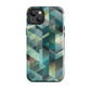 Modern abstract geometric phone case in teal and blue tones with layered retro-inspired shapes.
