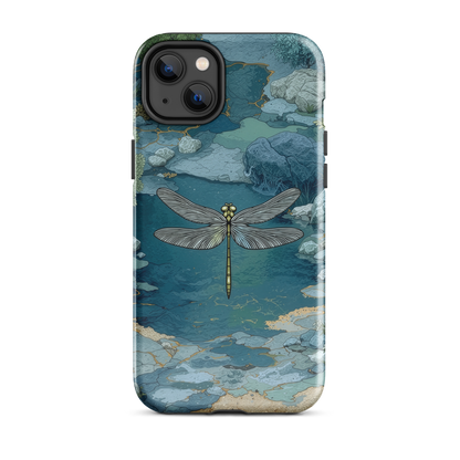 Nature-inspired phone case featuring a dragonfly over calm water with blue and green forest tones.