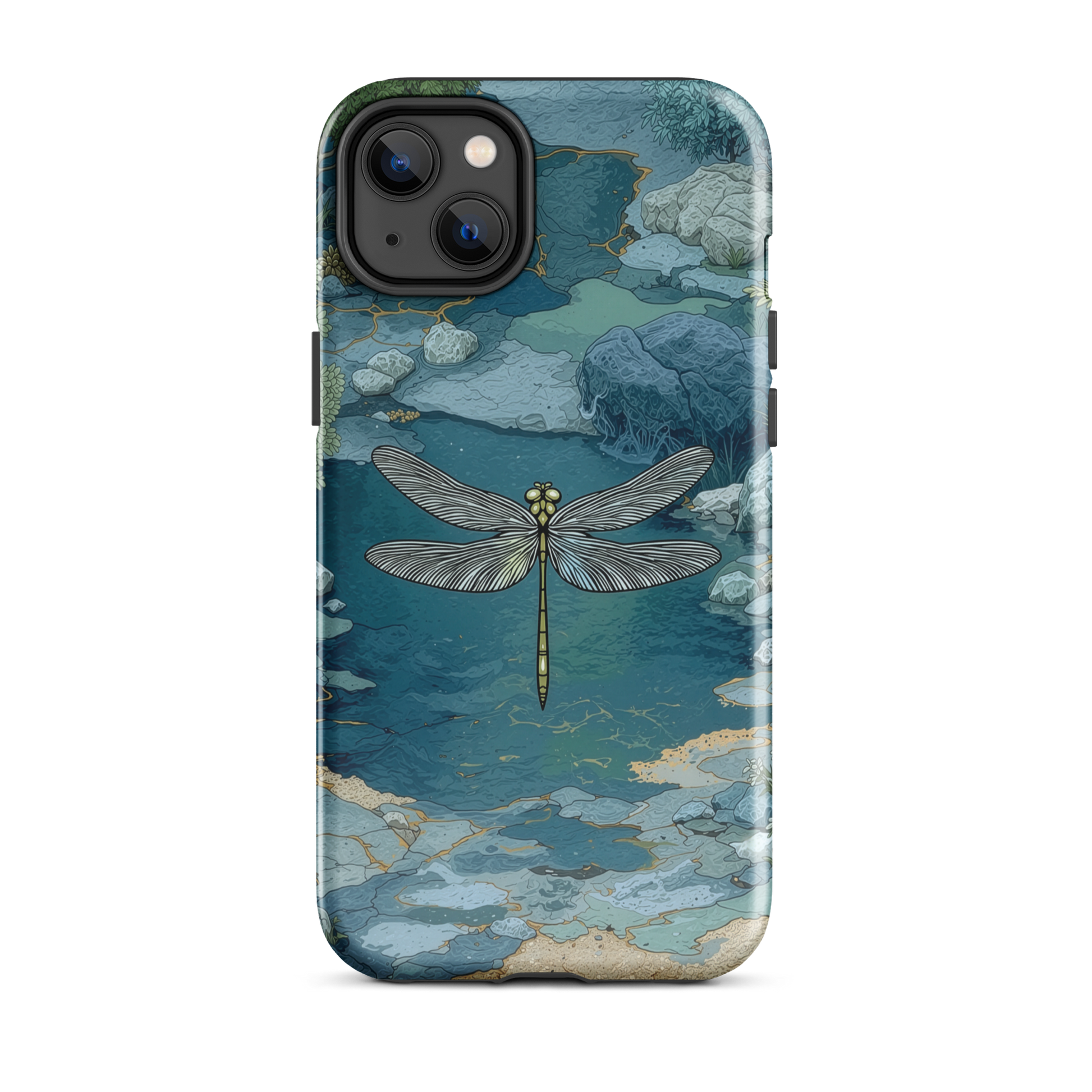 Nature-inspired phone case featuring a dragonfly over calm water with blue and green forest tones.