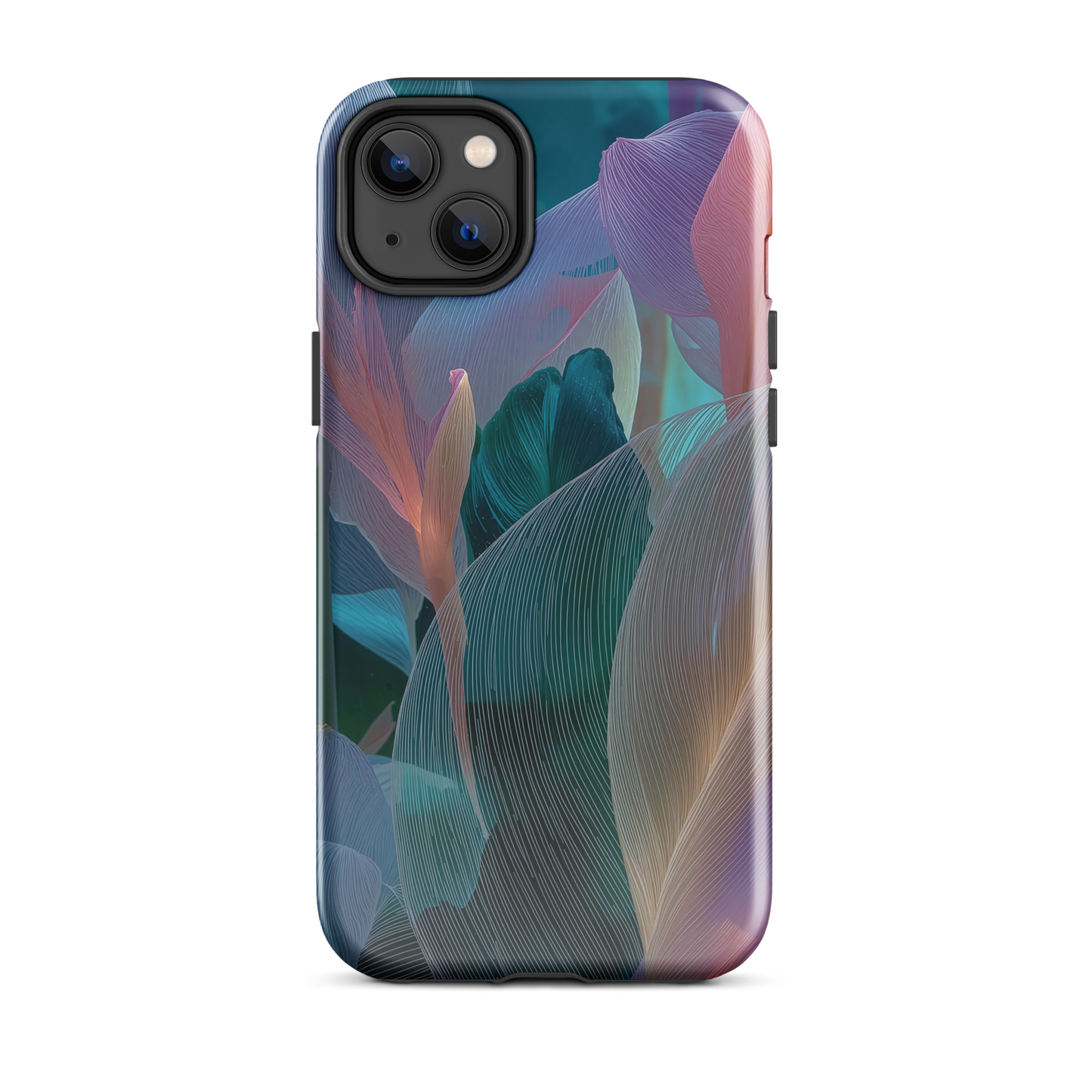 Abstract pastel botanical designer phone case in pink, lilac and teal tones with soft flowing floral textures