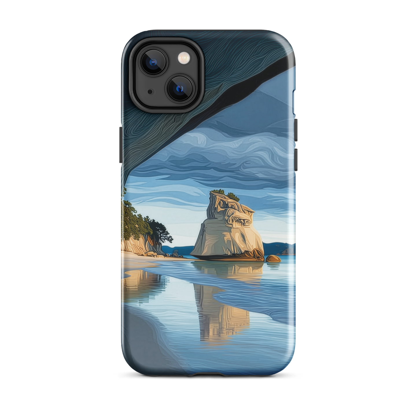 Artistic Cathedral Cove coastal designer phone case with arch rock, blue ocean and golden cliffs