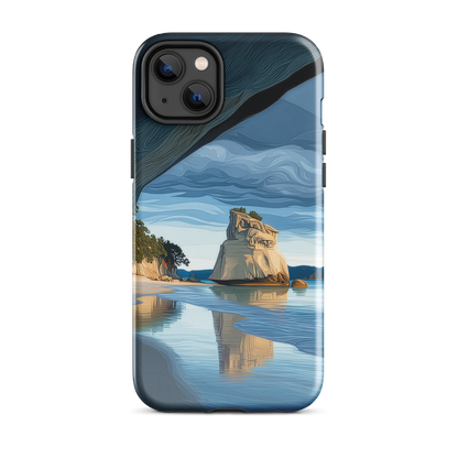 Artistic Cathedral Cove coastal designer phone case with arch rock, blue ocean and golden cliffs