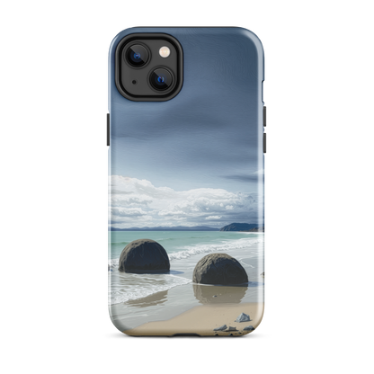 Moeraki Boulders coastal designer phone case with ocean waves and dramatic NZ sky