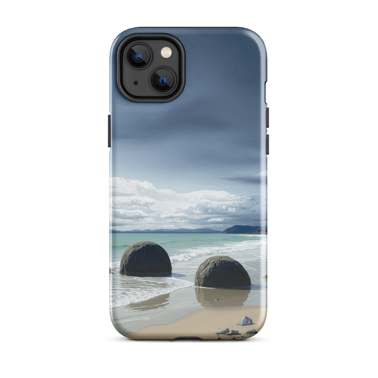 Moeraki Boulders coastal designer phone case with ocean waves and dramatic NZ sky