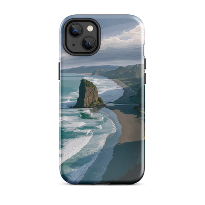 Piha Beach Lion Rock designer phone case with turquoise waves and dramatic NZ coastline
