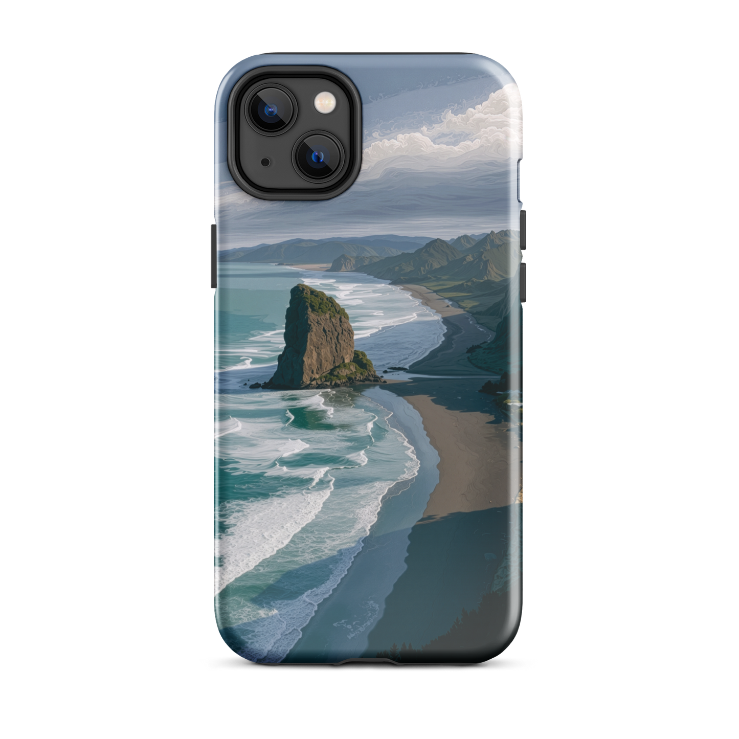 Piha Beach Lion Rock designer phone case with turquoise waves and dramatic NZ coastline