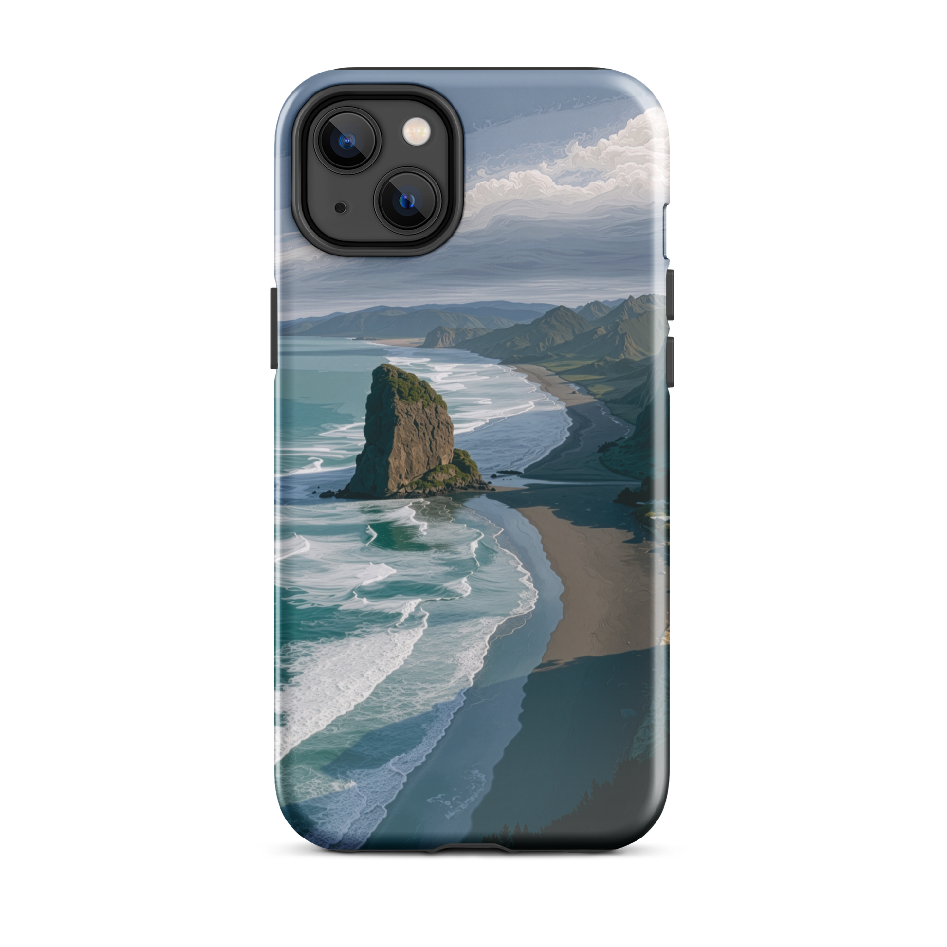 Piha Beach Lion Rock designer phone case with turquoise waves and dramatic NZ coastline