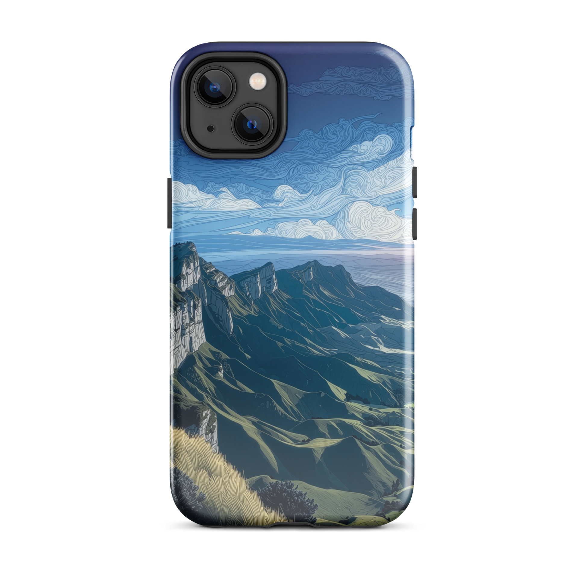 Te Mata Peak designer phone case with Hawke’s Bay cliffs, rolling green hills and dramatic swirling sky