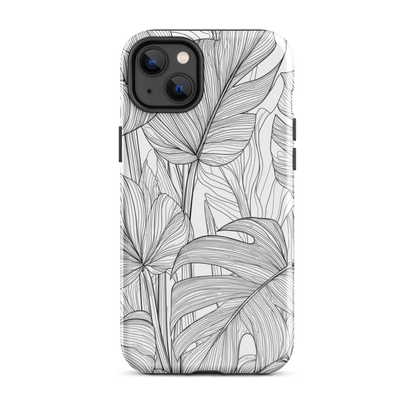 Minimal black and white tropical leaf designer phone case with detailed botanical line art